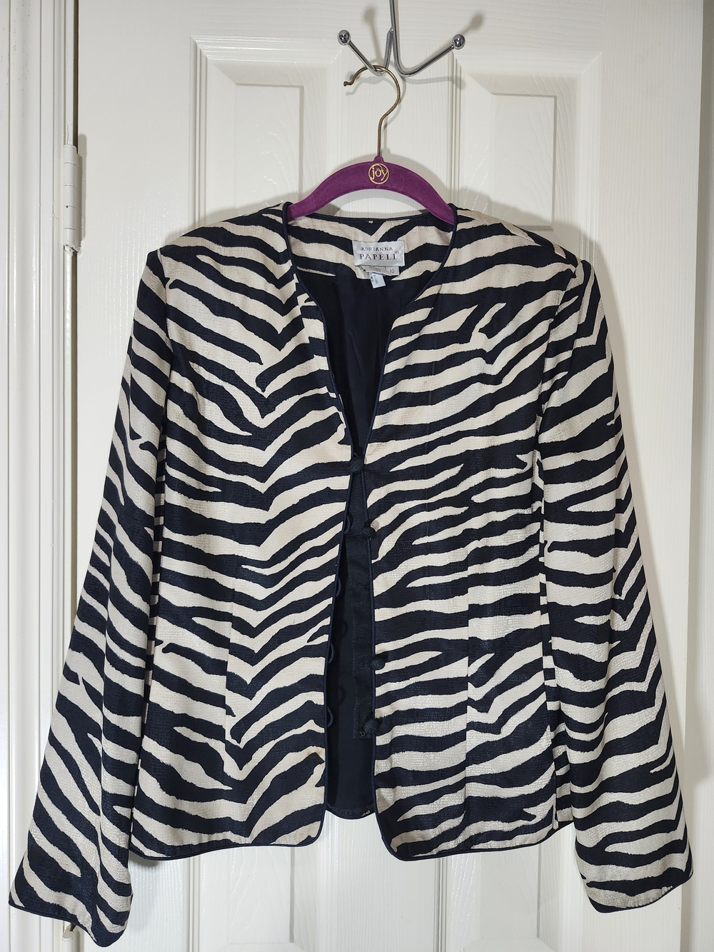 Adrianna Papell Black and White Zebra-Print Open Blazer